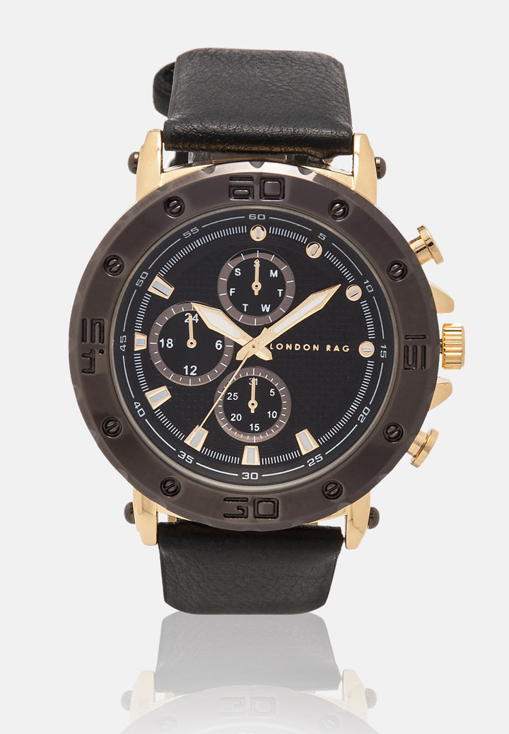 black and gold men's analog watch set#color_black