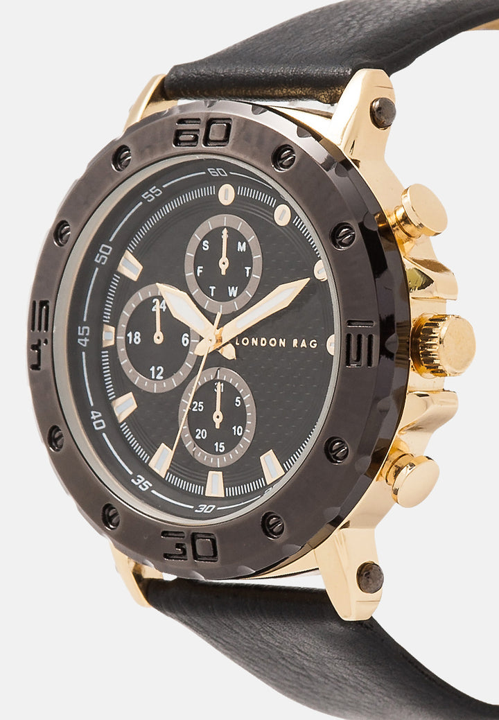 black and gold men's analog watch set#color_black