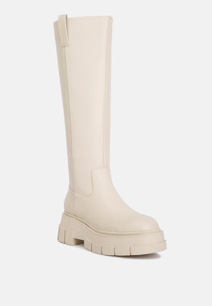 blume faux leather chunky platform knee length boots#color_ecru