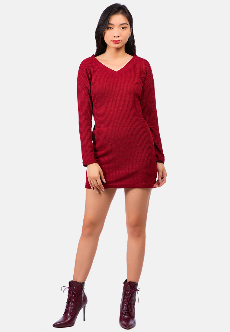 bodycon tie behind knit dress#color_burgundy