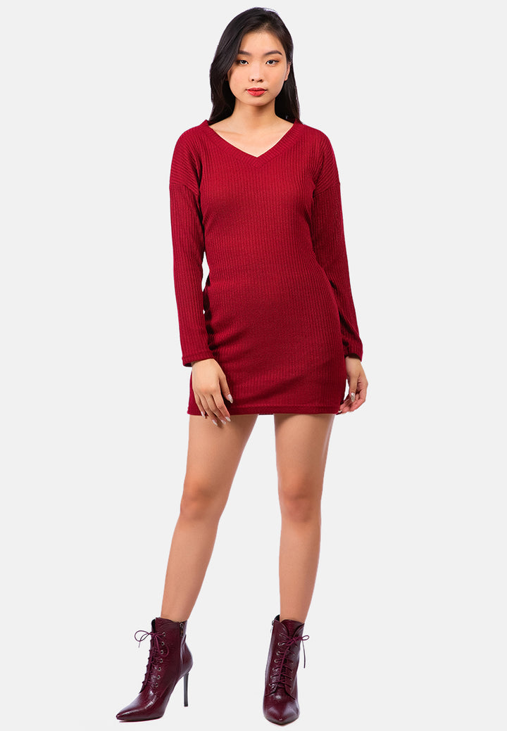 bodycon tie behind knit dress#color_burgundy