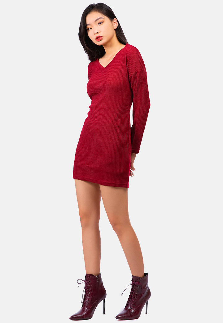 bodycon tie behind knit dress#color_burgundy