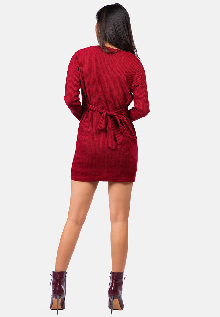 bodycon tie behind knit dress#color_burgundy
