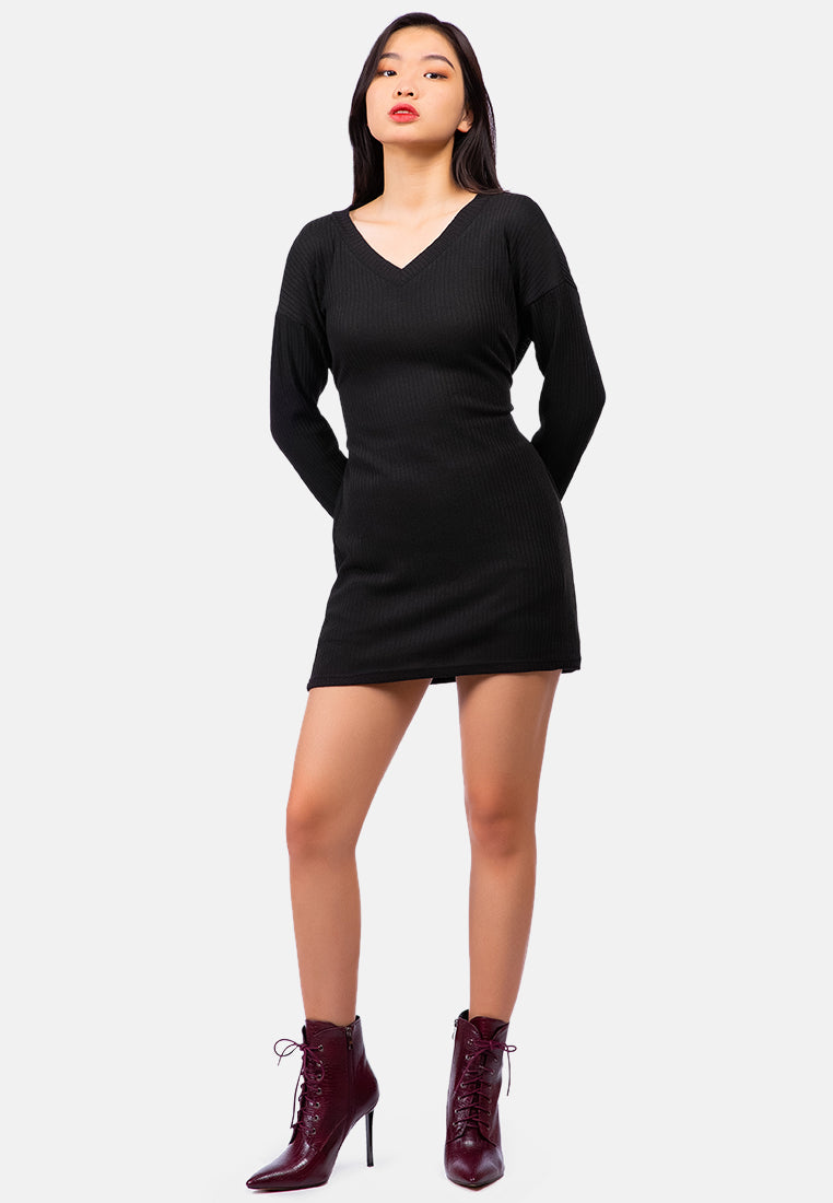 bodycon tie behind knit dress#color_black