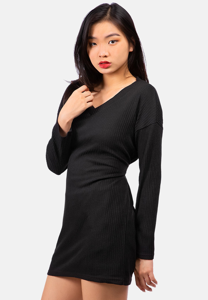 bodycon tie behind knit dress#color_black