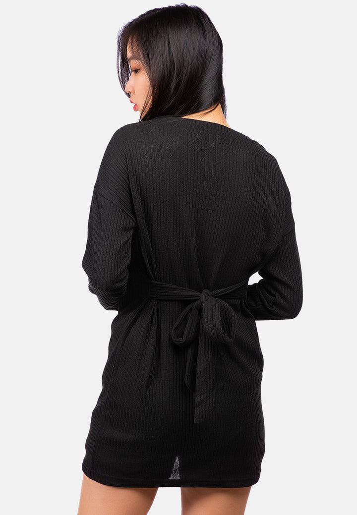 bodycon tie behind knit dress#color_black