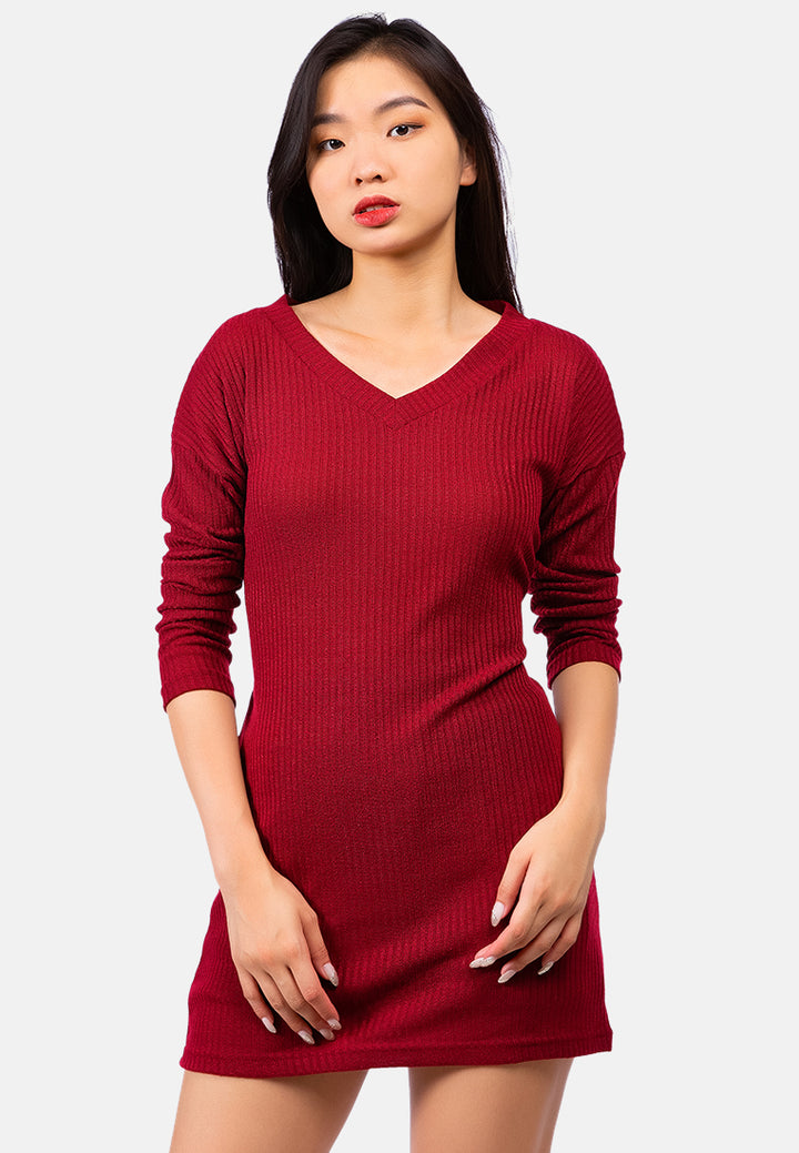 bodycon tie behind knit dress#color_burgundy