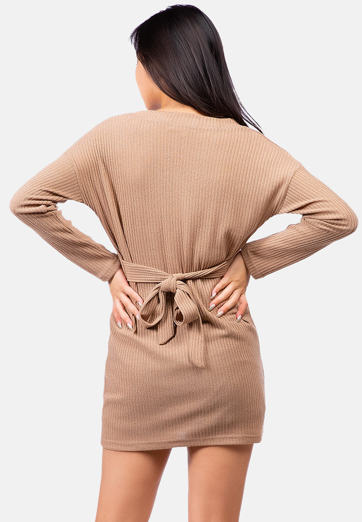 bodycon tie behind knit dress#color_light-khaki