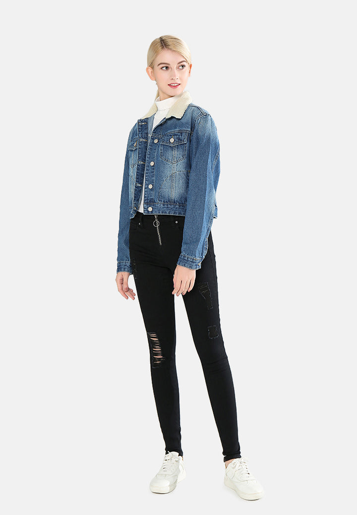 borg collar denim jacket#color_blue
