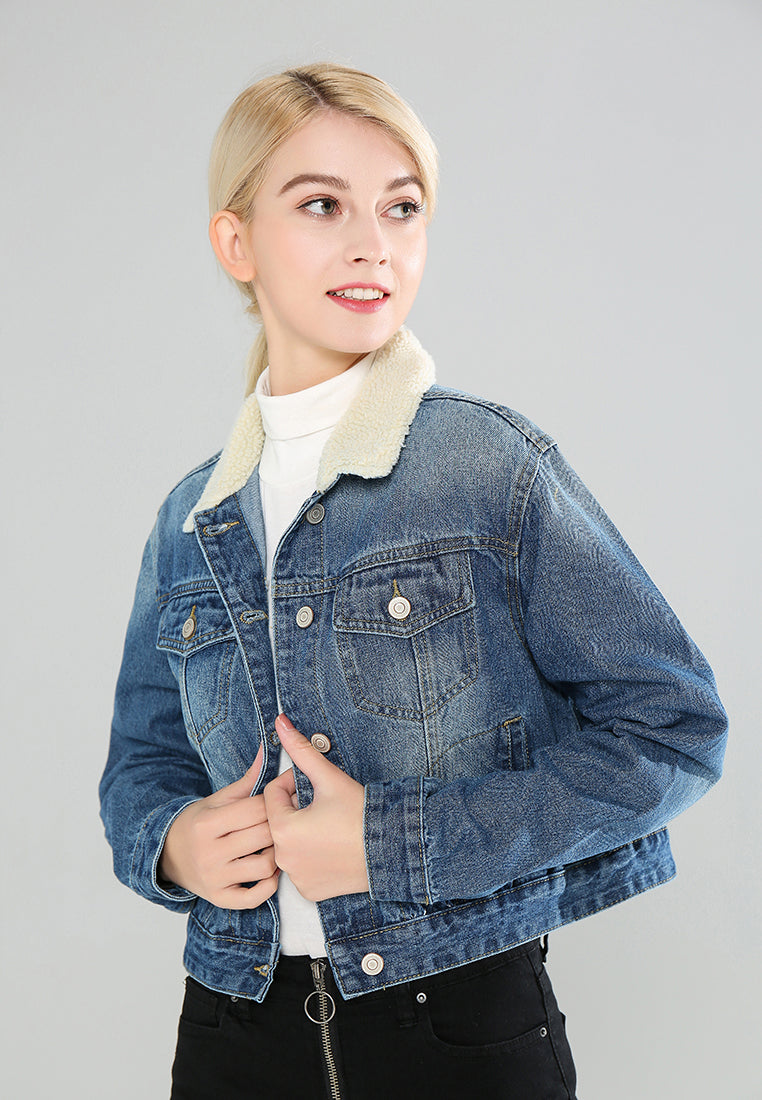 borg collar denim jacket#color_blue
