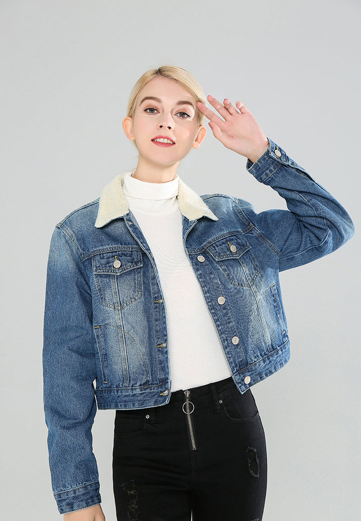 borg collar denim jacket#color_blue