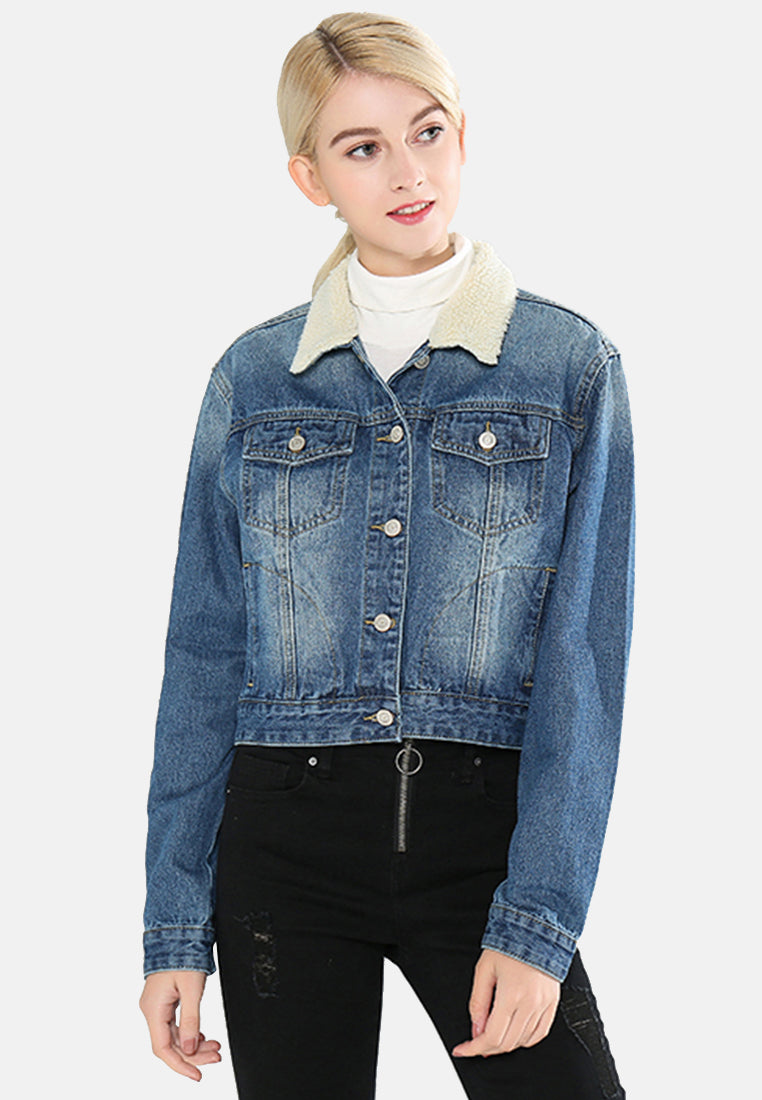 borg collar denim jacket#color_blue