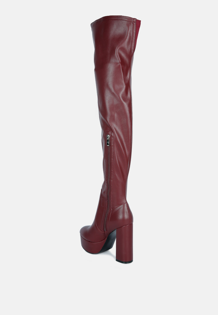 bubble high block heeled over the knee faux suede boots#color_burgundy
