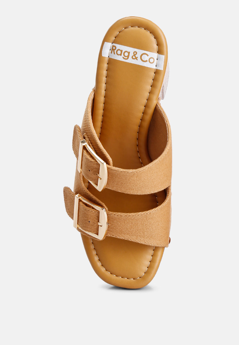 buckle straps high block heel clogs by ruw#color_tan