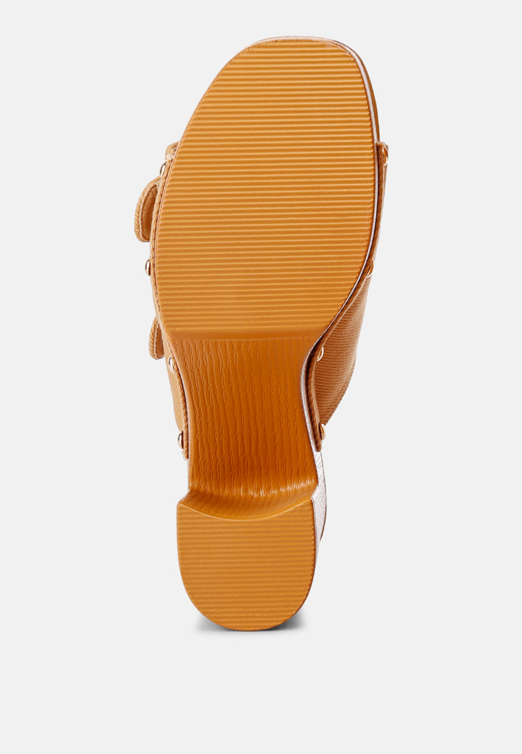 buckle straps high block heel clogs by ruw#color_tan