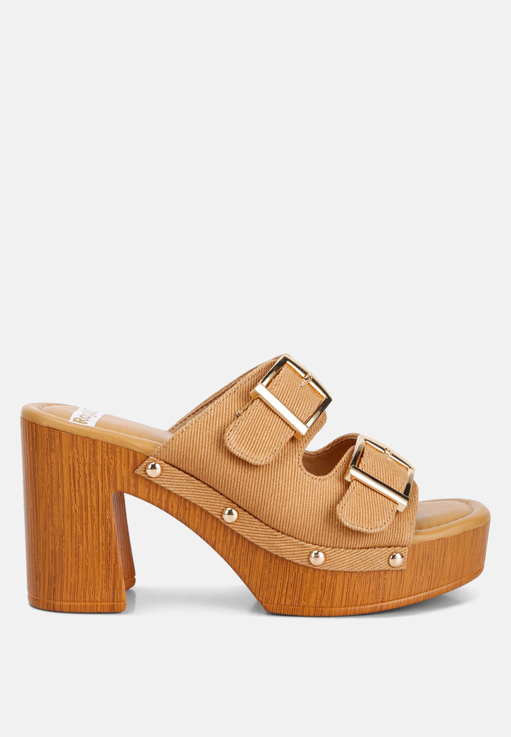 buckle straps high block heel clogs by ruw#color_tan