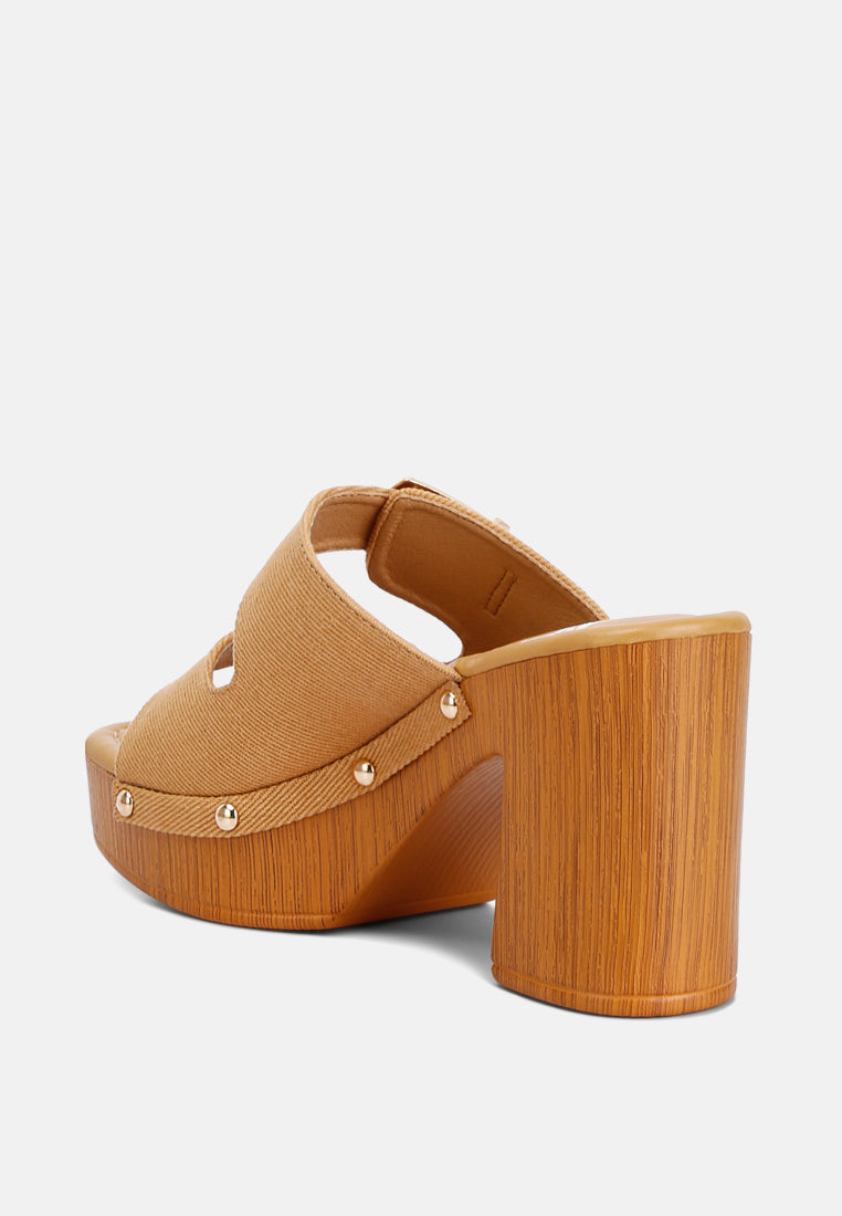 buckle straps high block heel clogs by ruw#color_tan