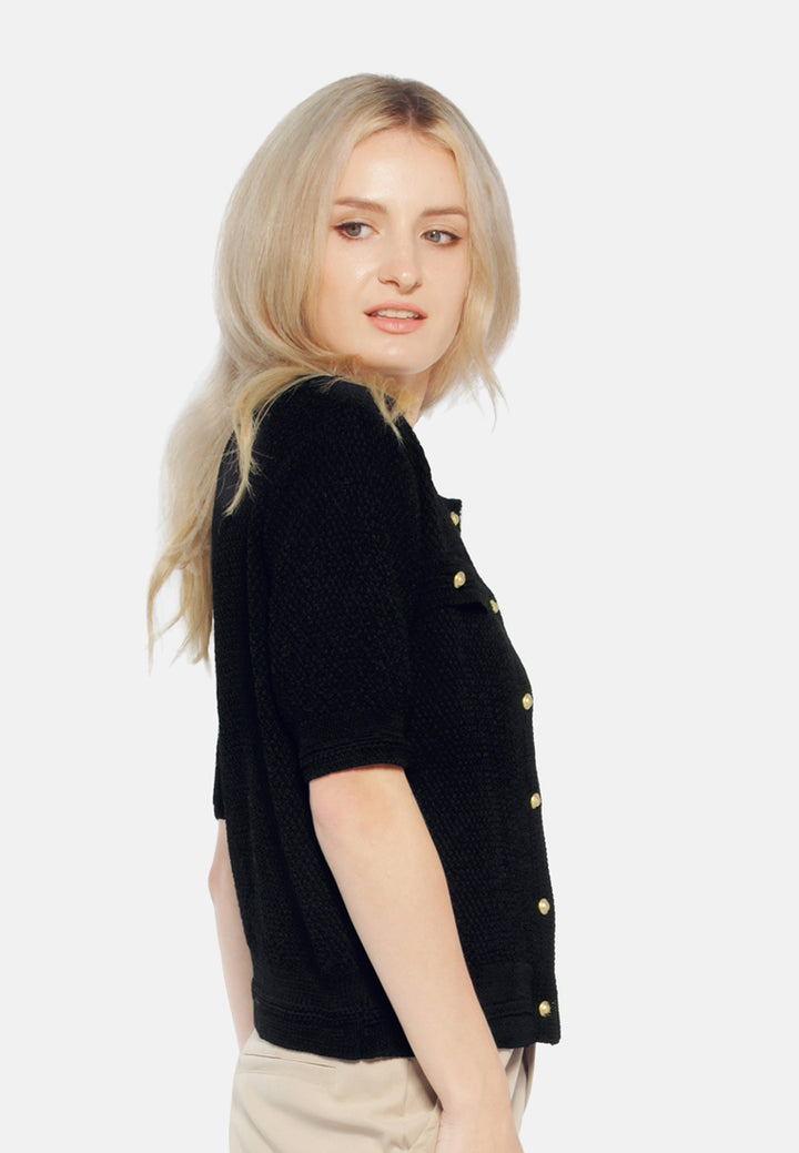 button down knitted top#color_black