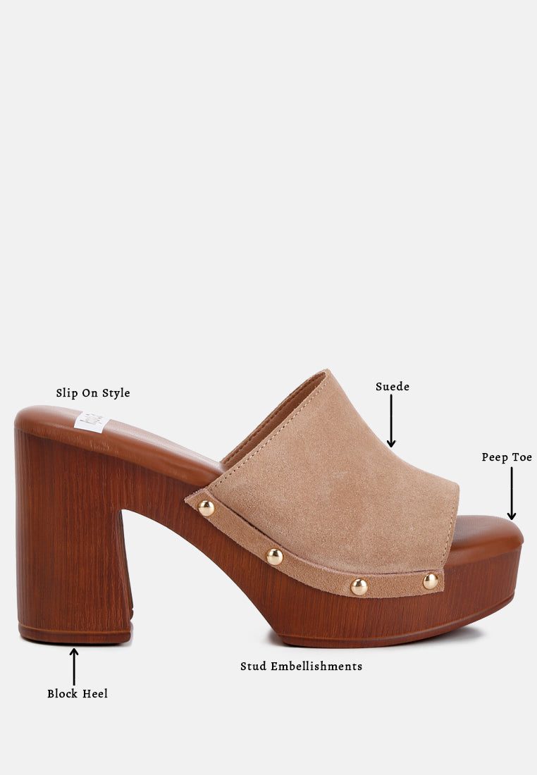 suede high block heel clogs by ruw#color_tan