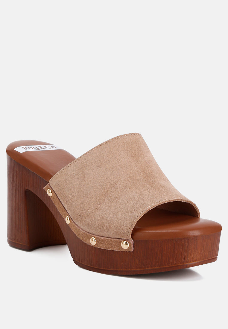 suede high block heel clogs by ruw#color_tan