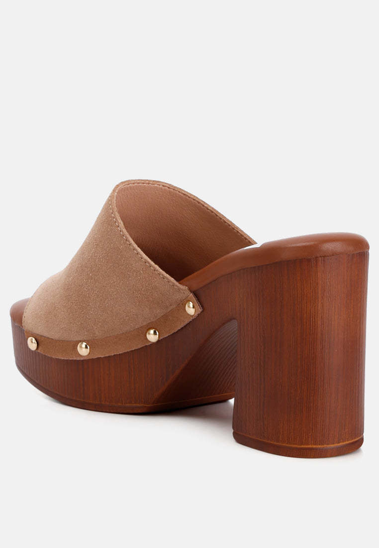 suede high block heel clogs by ruw#color_tan