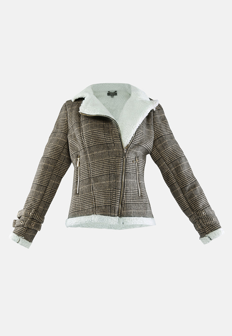 checkered shearling collar winter jacket#color_brown
