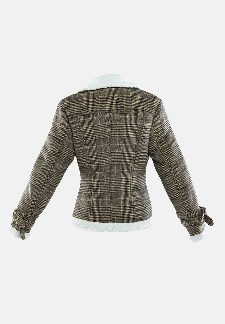 checkered shearling collar winter jacket#color_brown