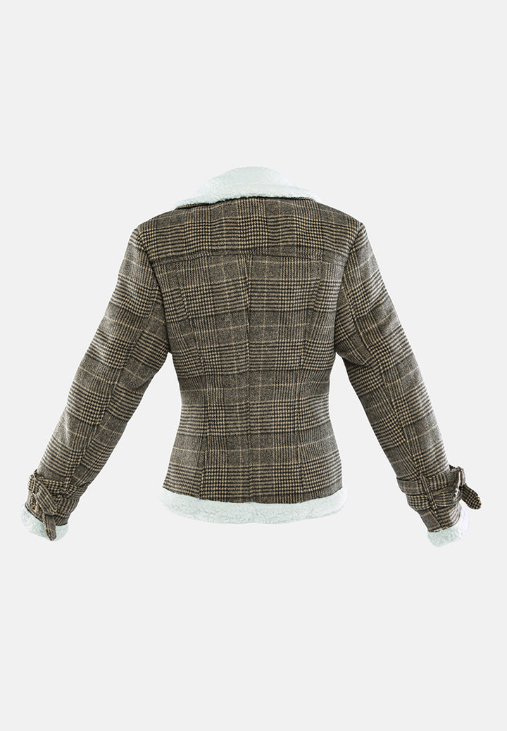 checkered shearling collar winter jacket#color_brown