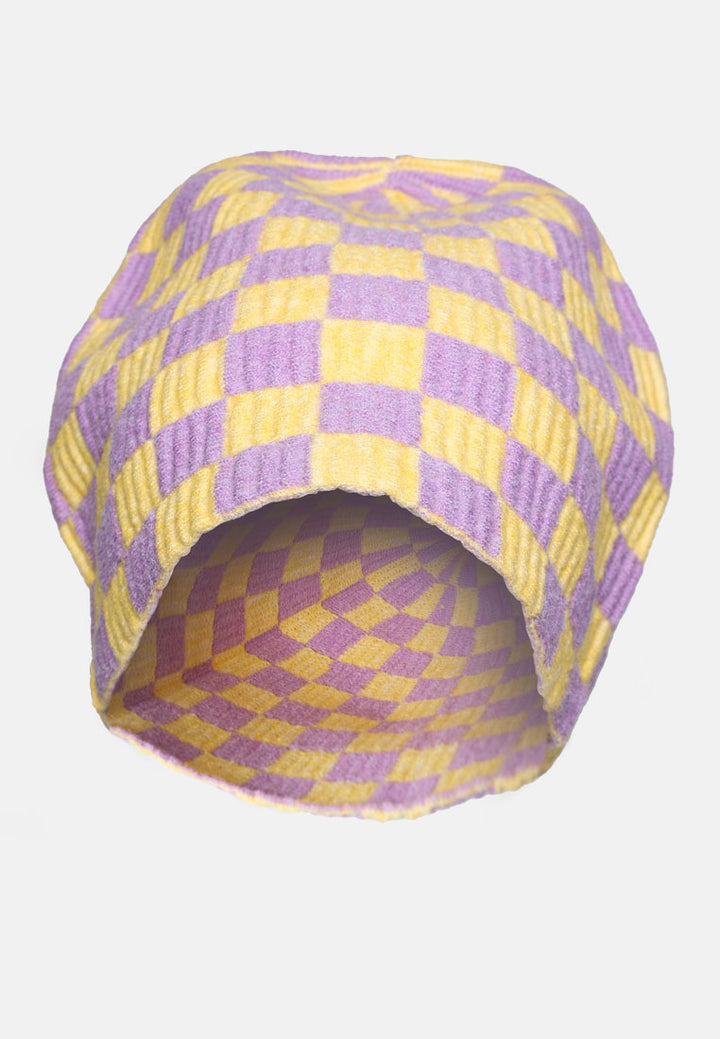 checkered knit beanie by ruw#color_purple-yellow