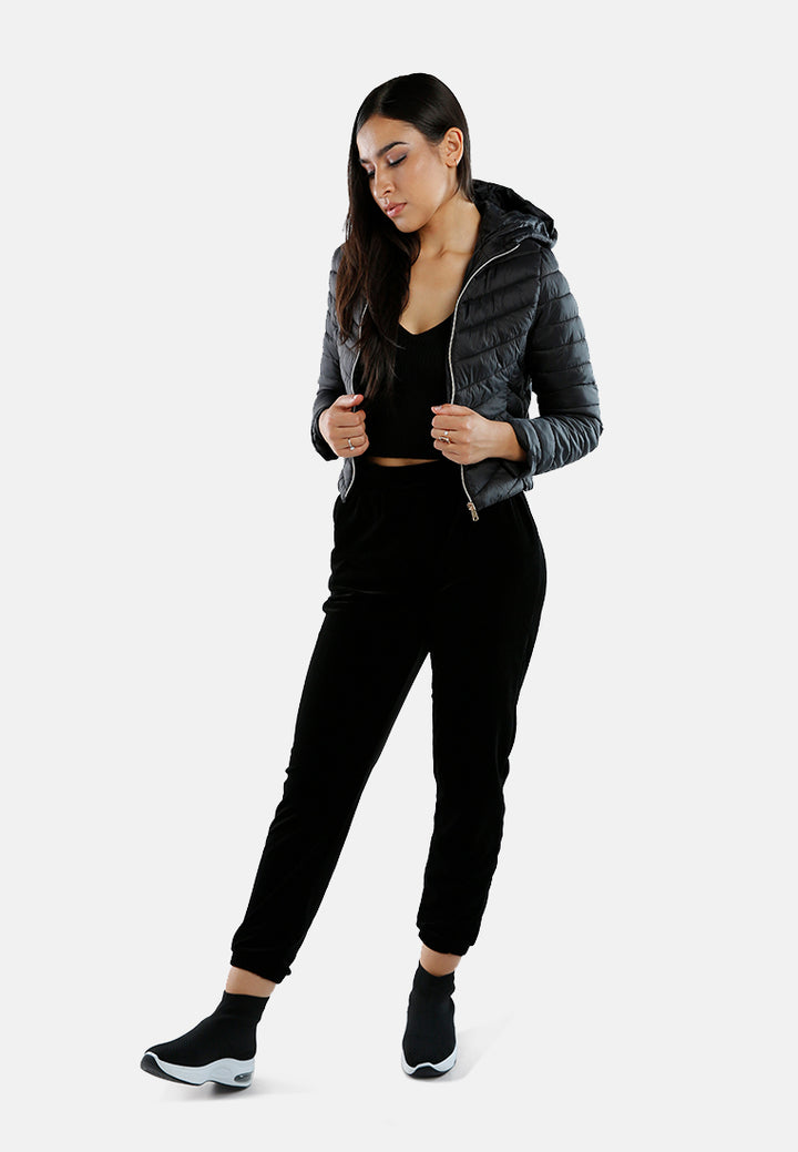 chevron pattern puffer hoodie#color_black