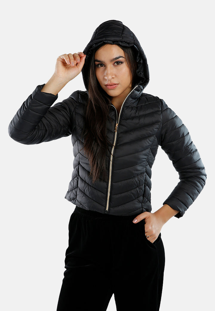 chevron pattern puffer hoodie#color_black