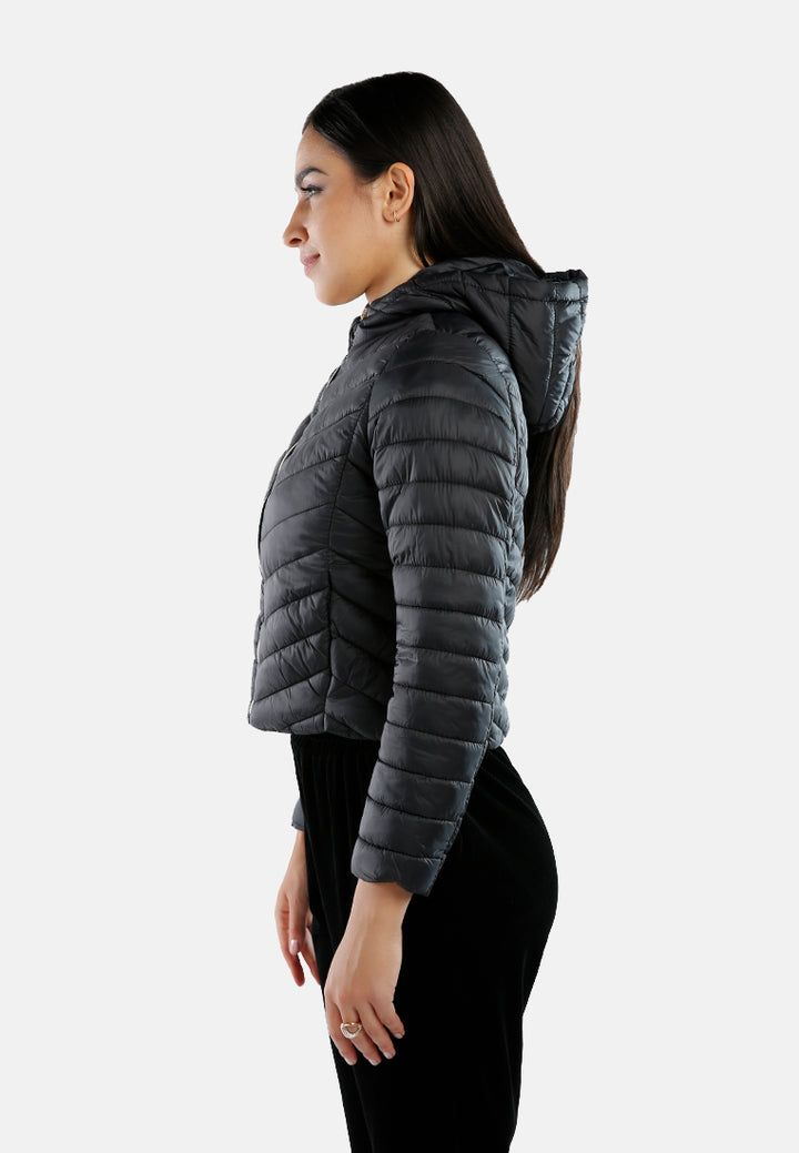chevron pattern puffer hoodie#color_black