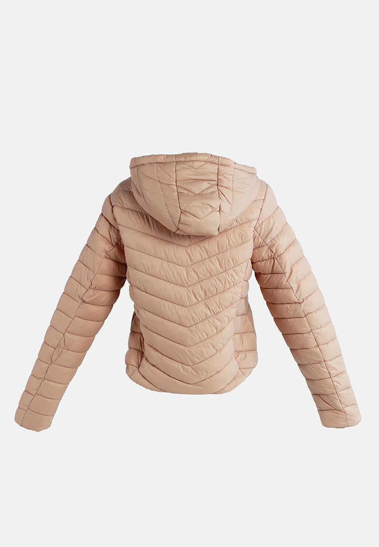 chevron pattern puffer hoodie#color_khaki