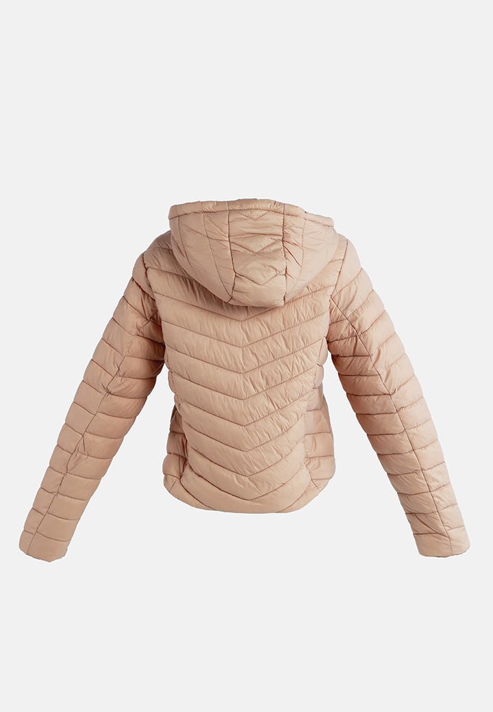 chevron pattern puffer hoodie#color_khaki