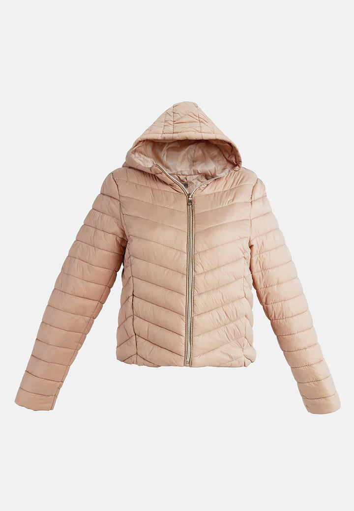 chevron pattern puffer hoodie#color_khaki