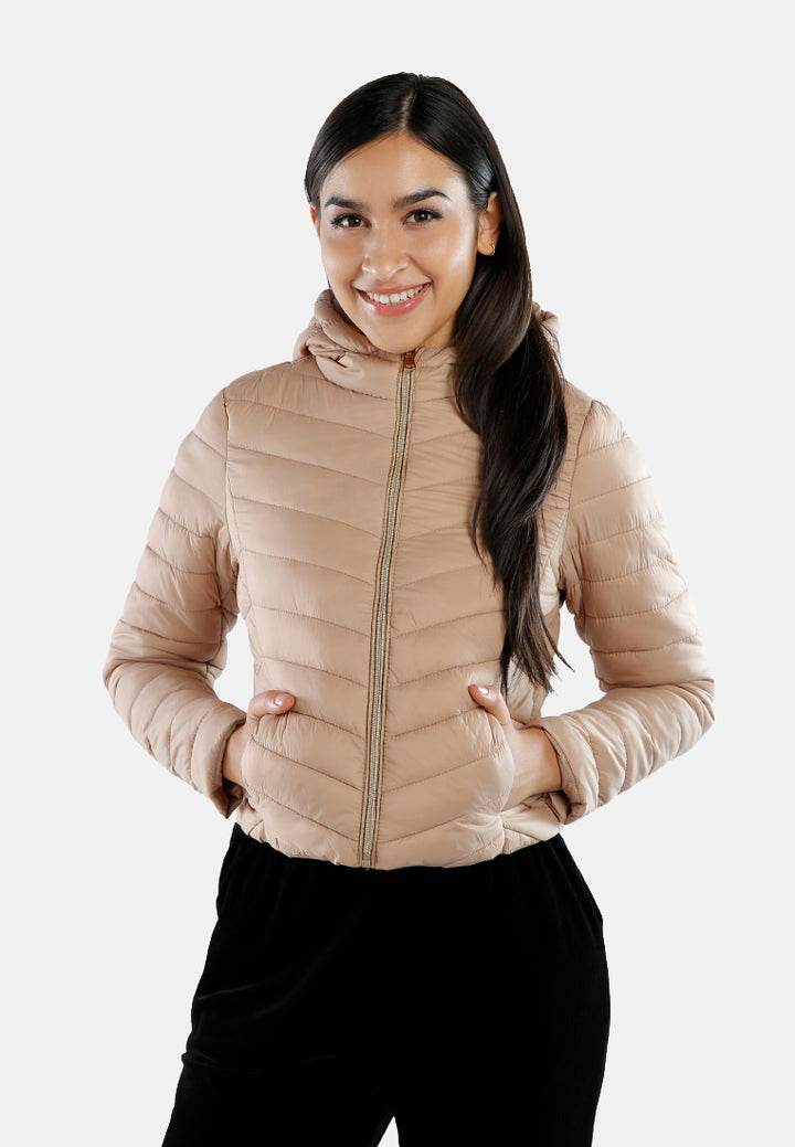 chevron pattern puffer hoodie#color_khaki