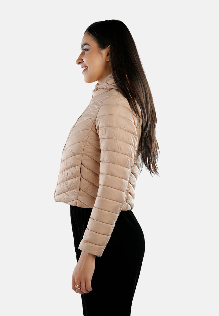 chevron pattern puffer hoodie#color_khaki