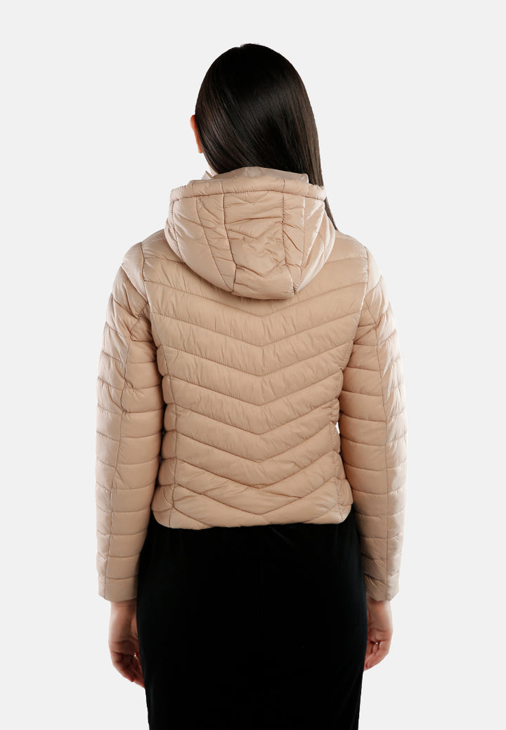 chevron pattern puffer hoodie#color_khaki