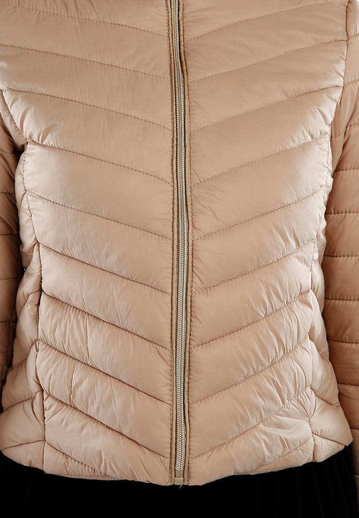 chevron pattern puffer hoodie#color_khaki