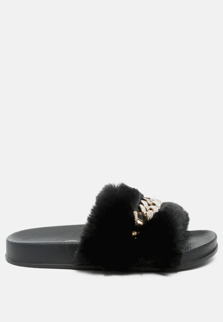 chums metal chain detail fur slides#color_black