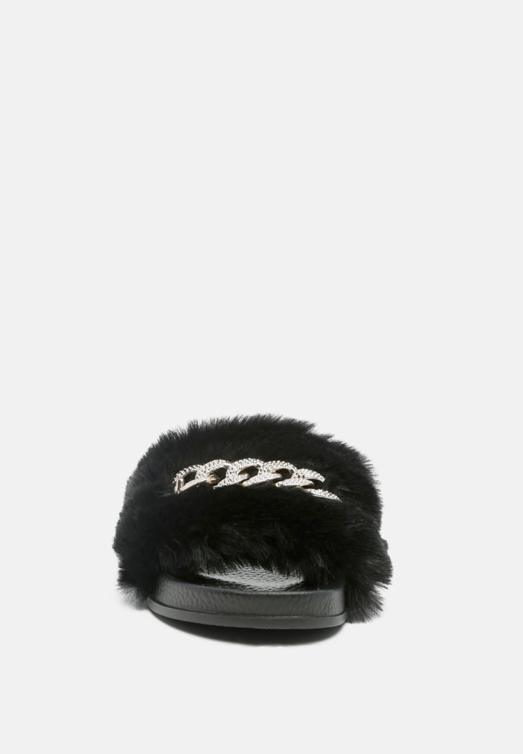 chums metal chain detail fur slides#color_black