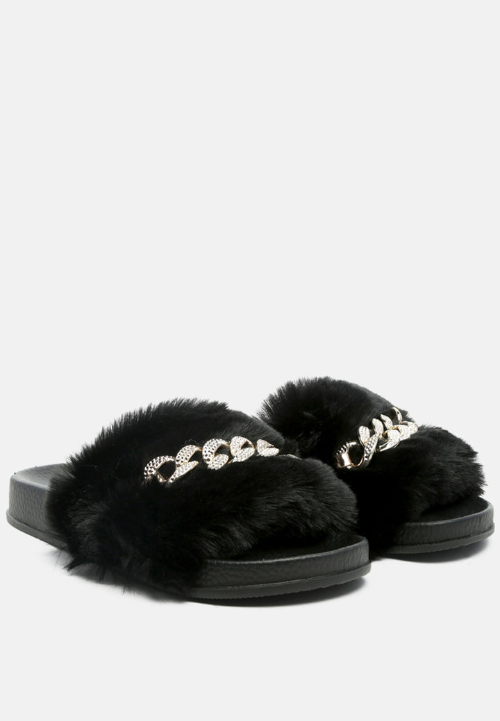 chums metal chain detail fur slides#color_black