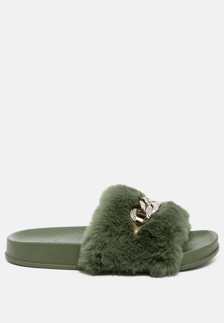 chums metal chain detail fur slides#color_olive