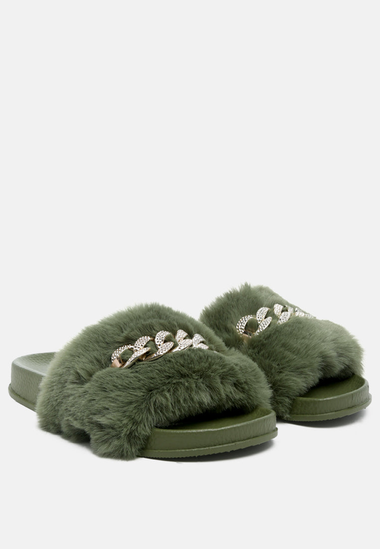 chums metal chain detail fur slides#color_olive