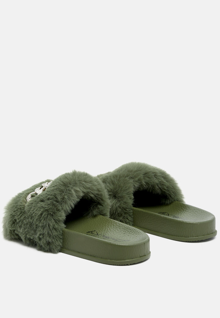 chums metal chain detail fur slides#color_olive