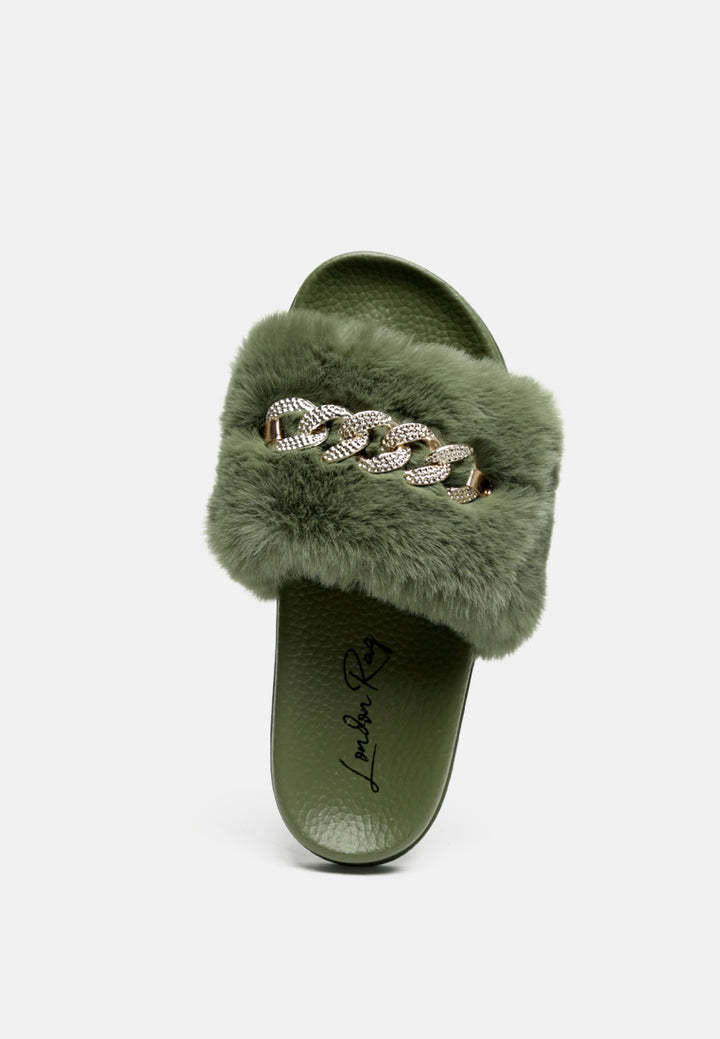 chums metal chain detail fur slides#color_olive