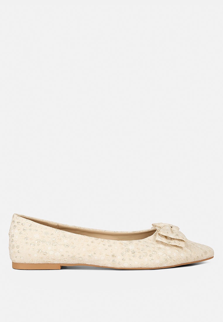 jacquard bow embellished ballet flats#color_beige