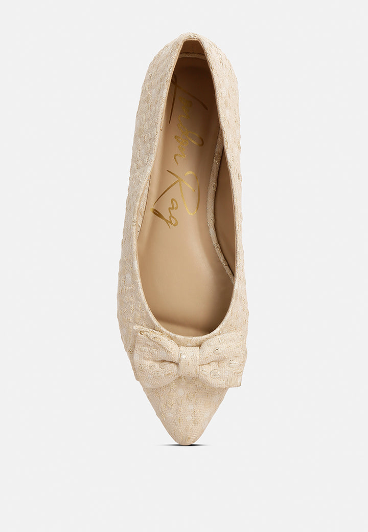 jacquard bow embellished ballet flats#color_beige