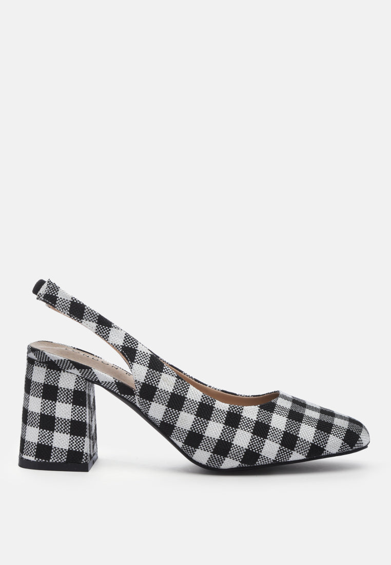 cinthia gingham check heeled slingback sandals#color_black