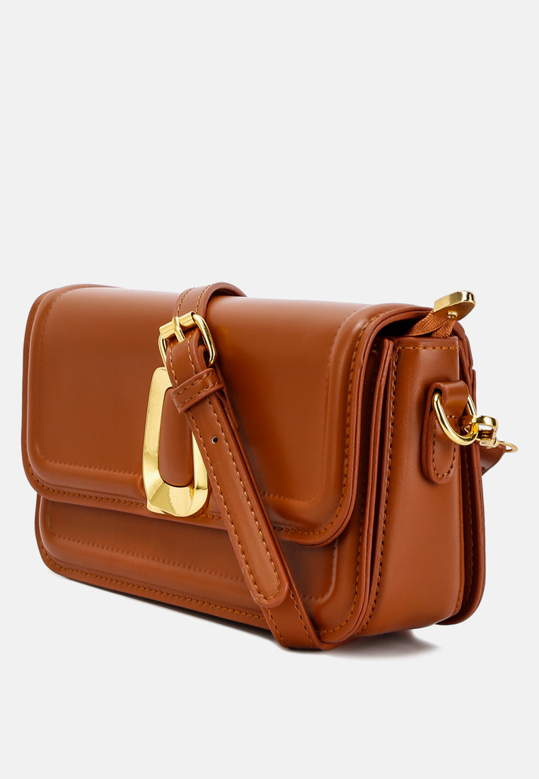 classic gold buckle flap bag#color_brown